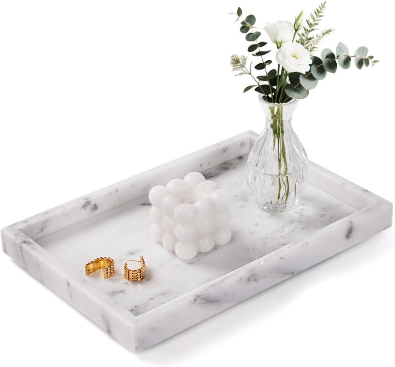 Homaura Marble Bathroom Tray for Countertop & Home Decor, Natural Decorative Marble Tray for Jewelry & Perfume Organizer, Luxury Stone Vanity Trays for Dresser, Kitchen Counter, 12" x 8", Starry White - Image 1